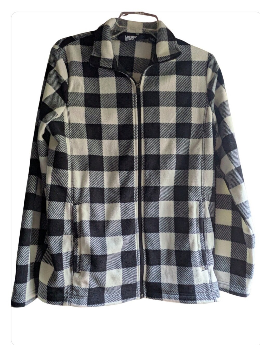 Lands' End Black & White Buffalo Check Zip-Up Jacket